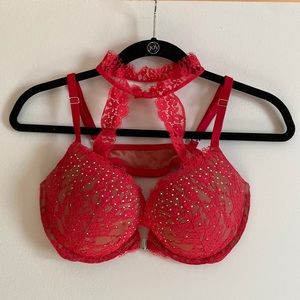 Very Sexy Red Lace Push Up Bra with Neck Closure Detail